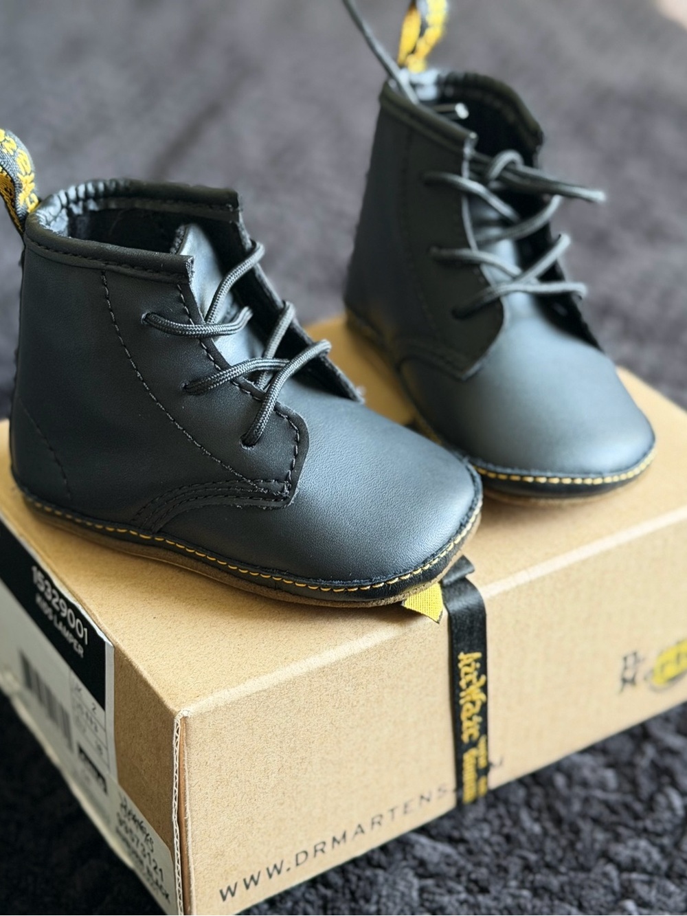 Dr. Martens Kids Black Leather Lace-Up Boots with Yellow Stitching